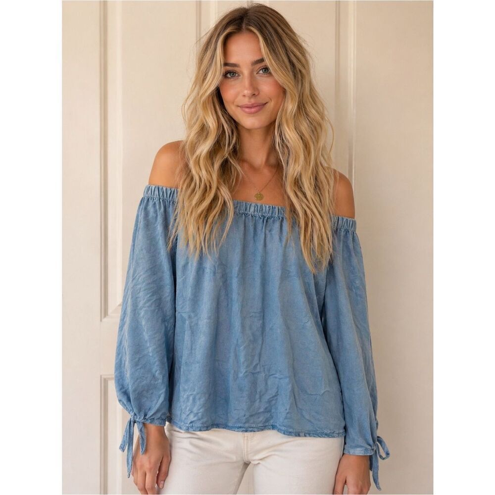 Style Envy Blue Chambray Off The Shoulder Top with Tie Sleeve Detail size L